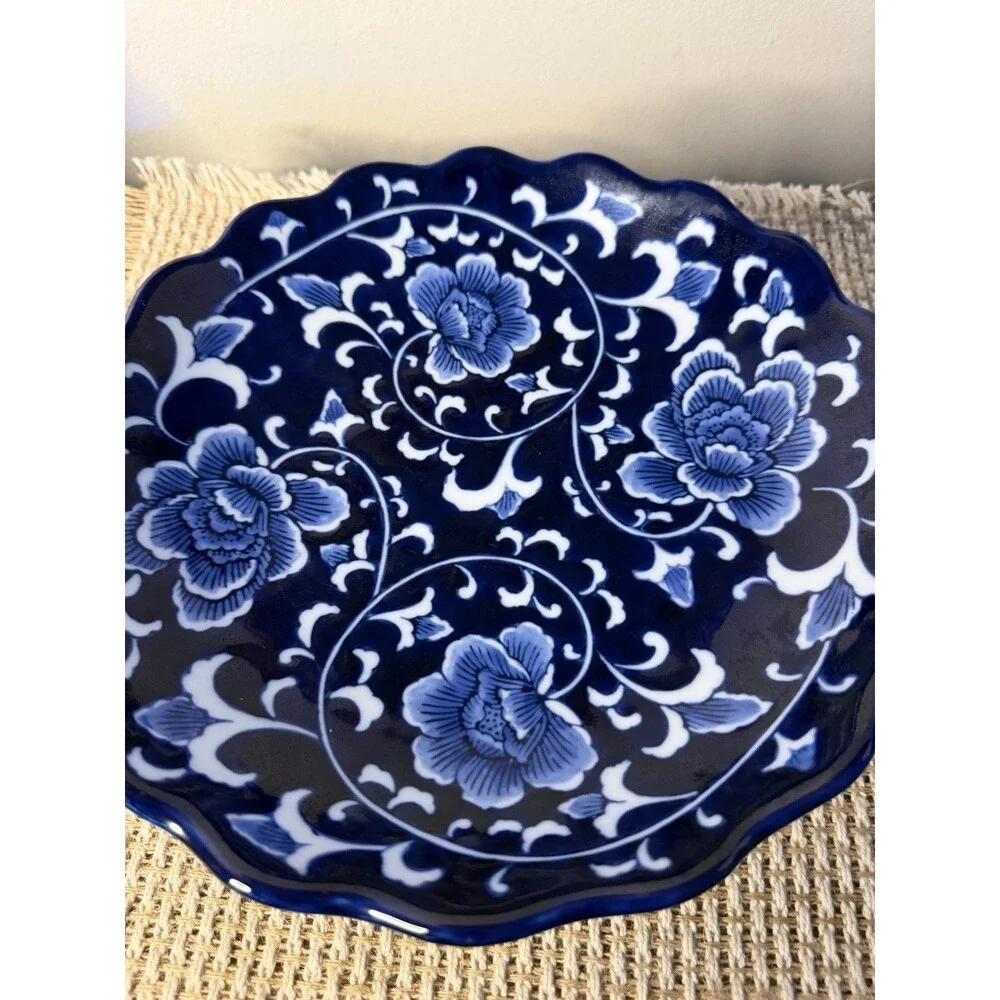 Bombay Company Floral Blue White Ceramic Footed Bowl Scalloped Edge Floral